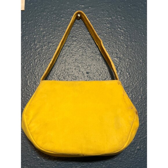 Vintage 1960s Yellow Suede & Fabric Handbag With Gold Clasp - Picture 12 of 16